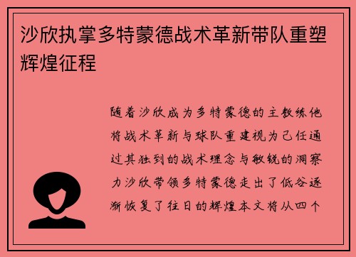 沙欣执掌多特蒙德战术革新带队重塑辉煌征程